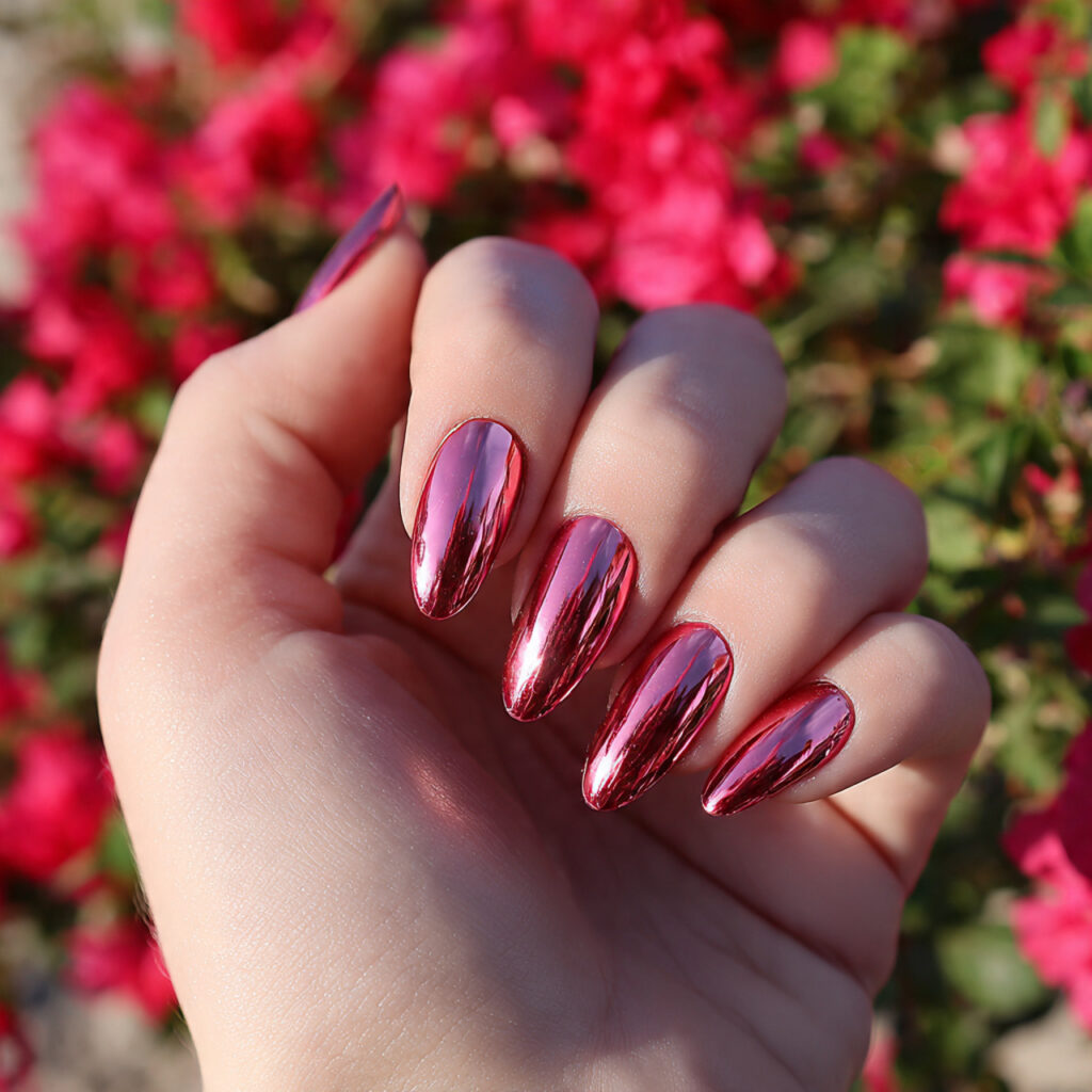 attractive pink chrome and red nails with outdoor 1
