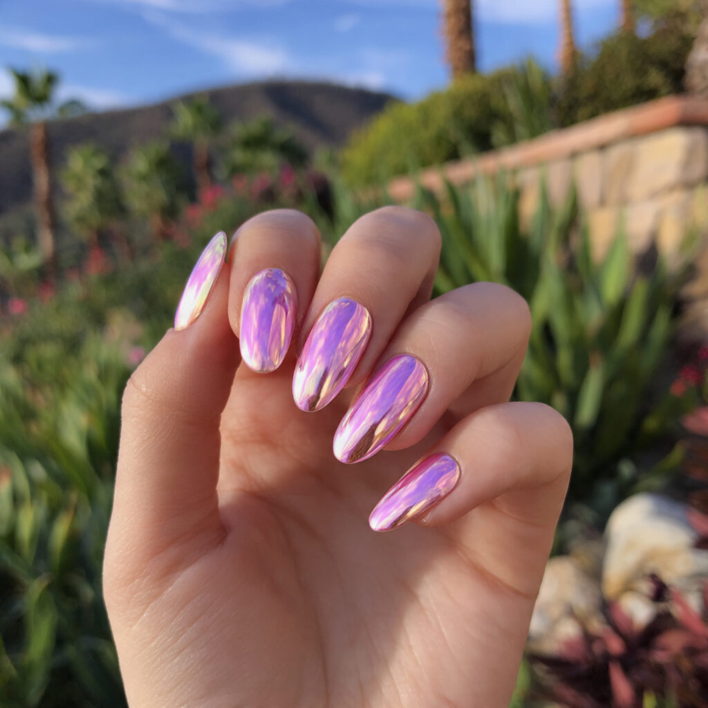 attractive pink chrome aura nails with outdoor sum