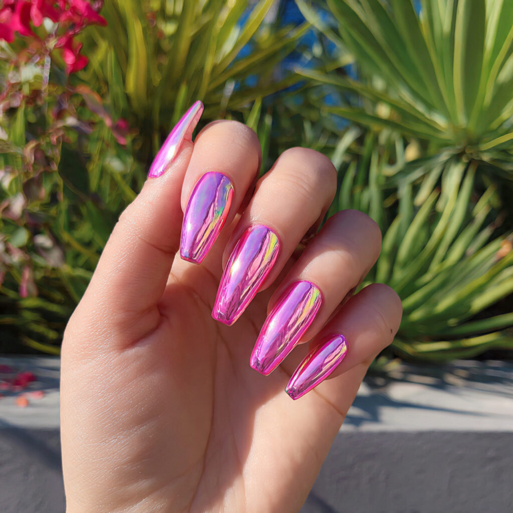 attractive pink chrome ballerina nails with outdoo