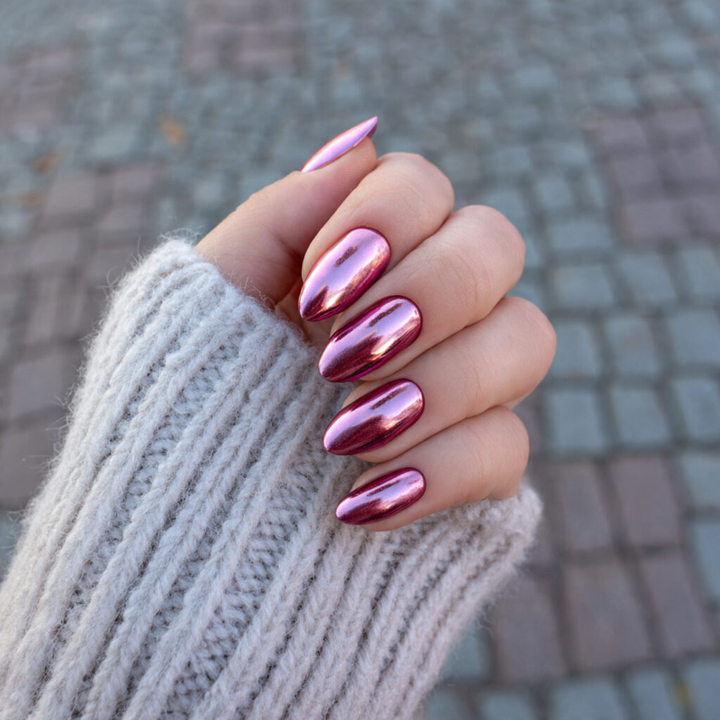 attractive pink chrome cat eye nails outdoor summe 1