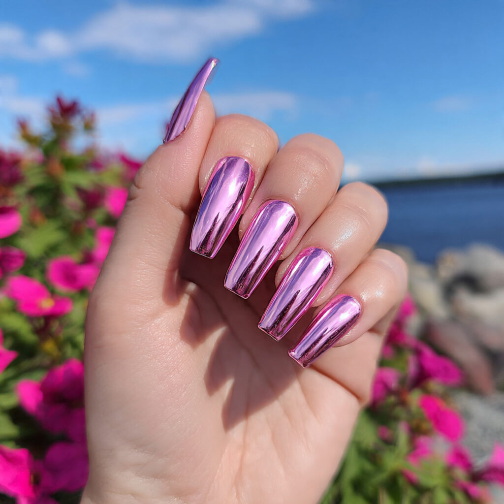attractive pink chrome coffin nails with outdoor s