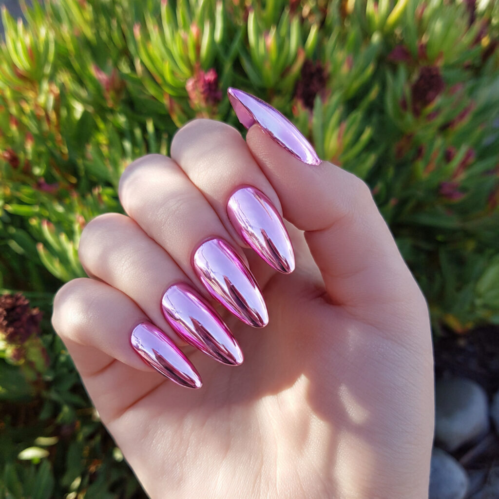 attractive pink chrome fade nails with outdoor bac
