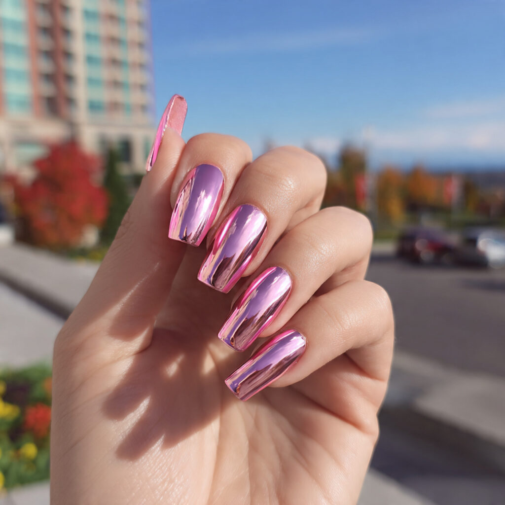 attractive pink chrome french nails with outdoor b