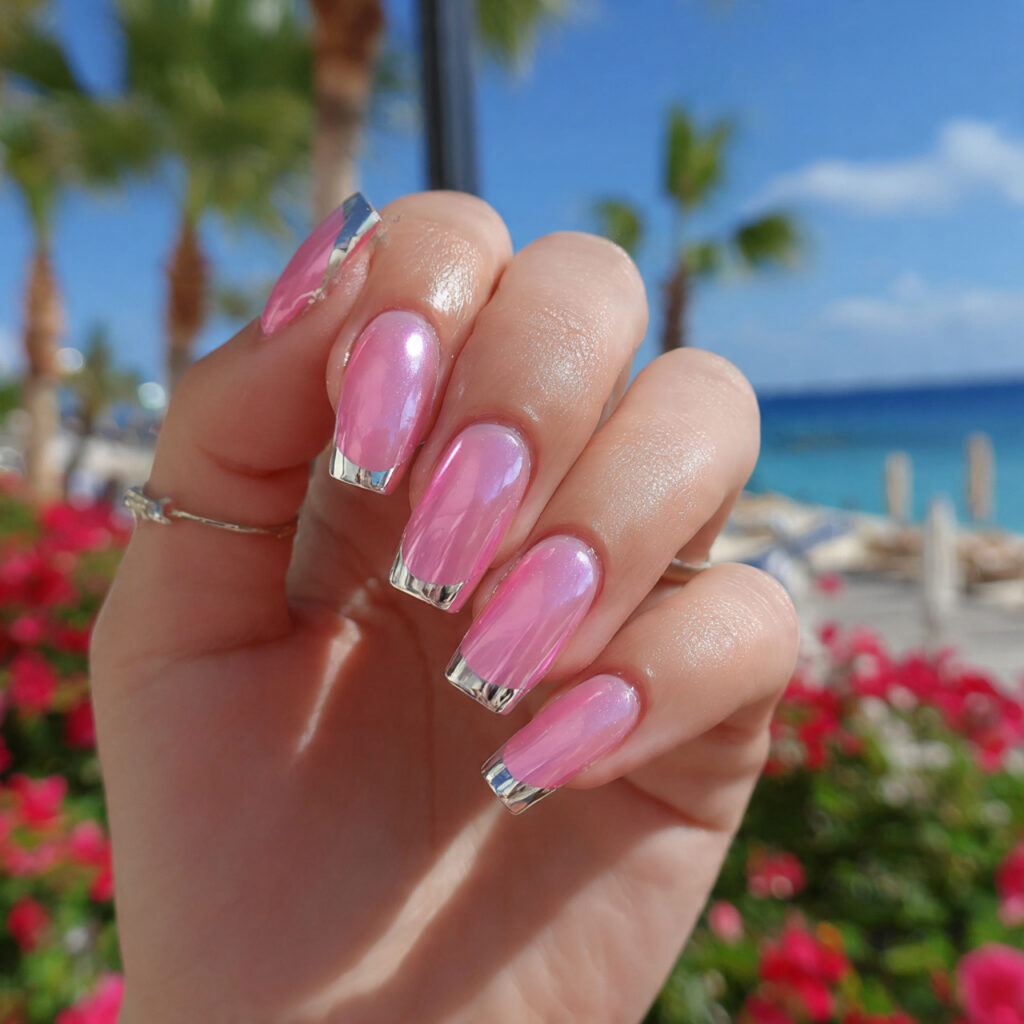 attractive pink chrome french tip nails with outdo