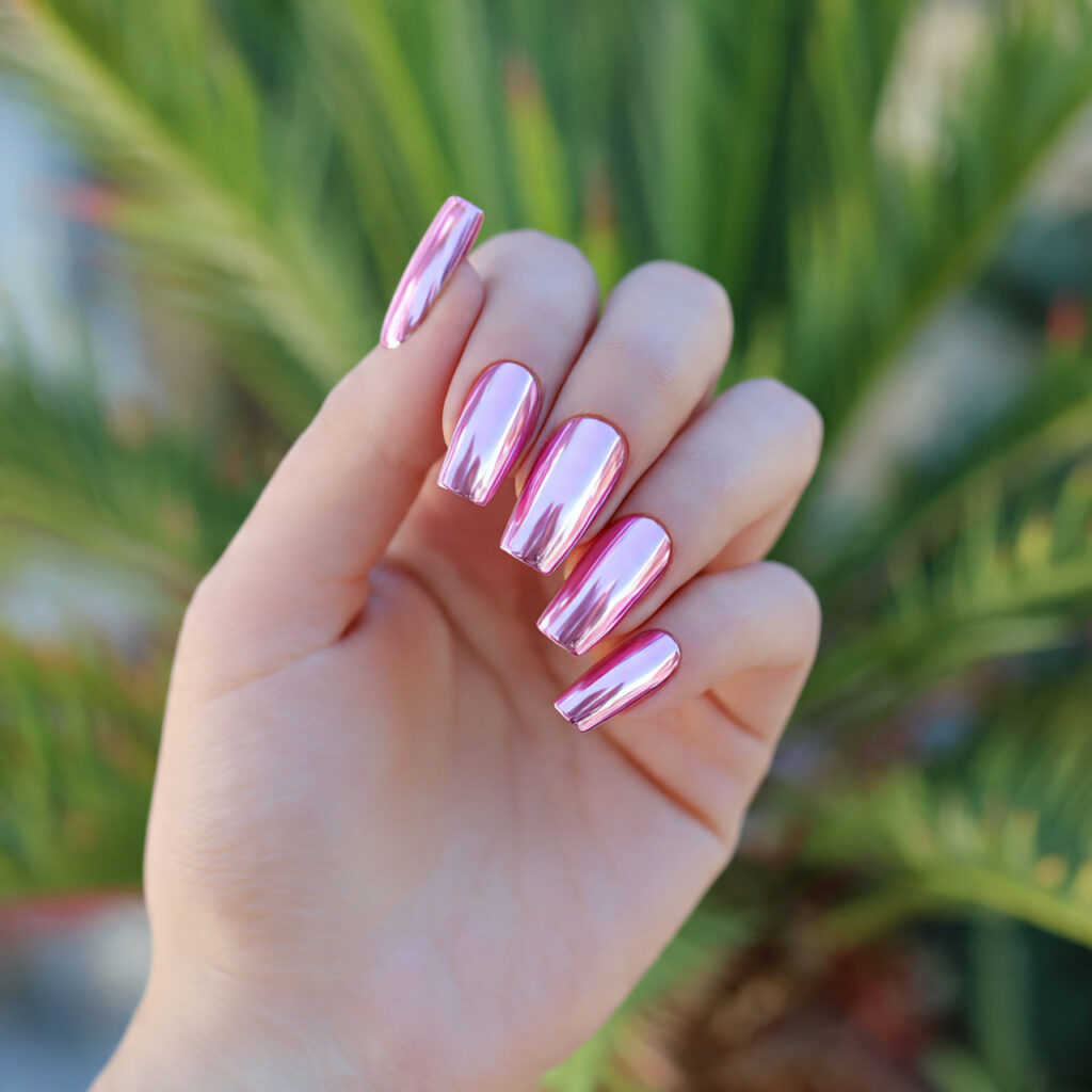 Nail Inspo Pink: 14 Dreamy Pink Nail Ideas You’ll Want to Save Immediately 9 attractive pink chrome glazed nails with outdoor b