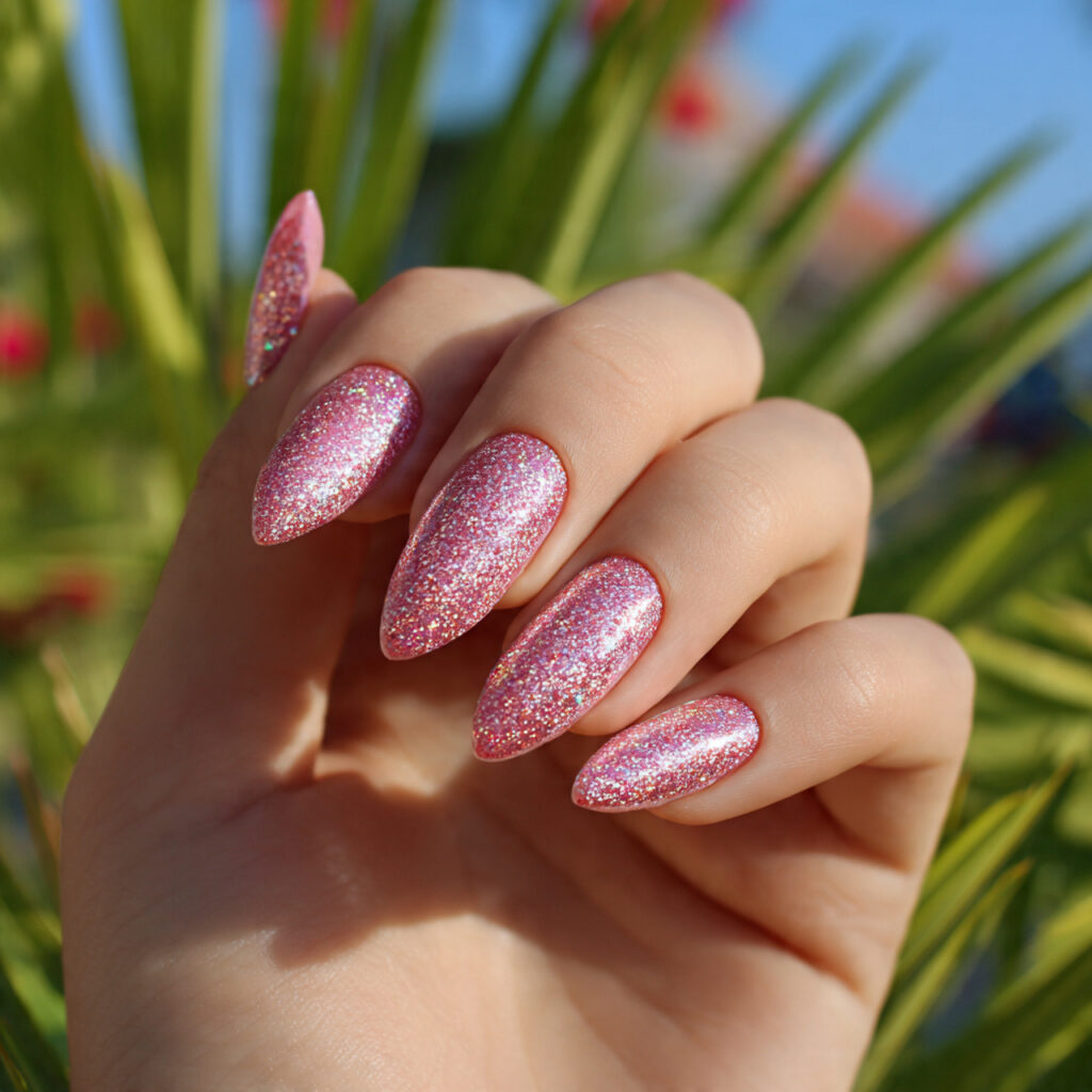 attractive pink chrome glitter glaze nails with ou