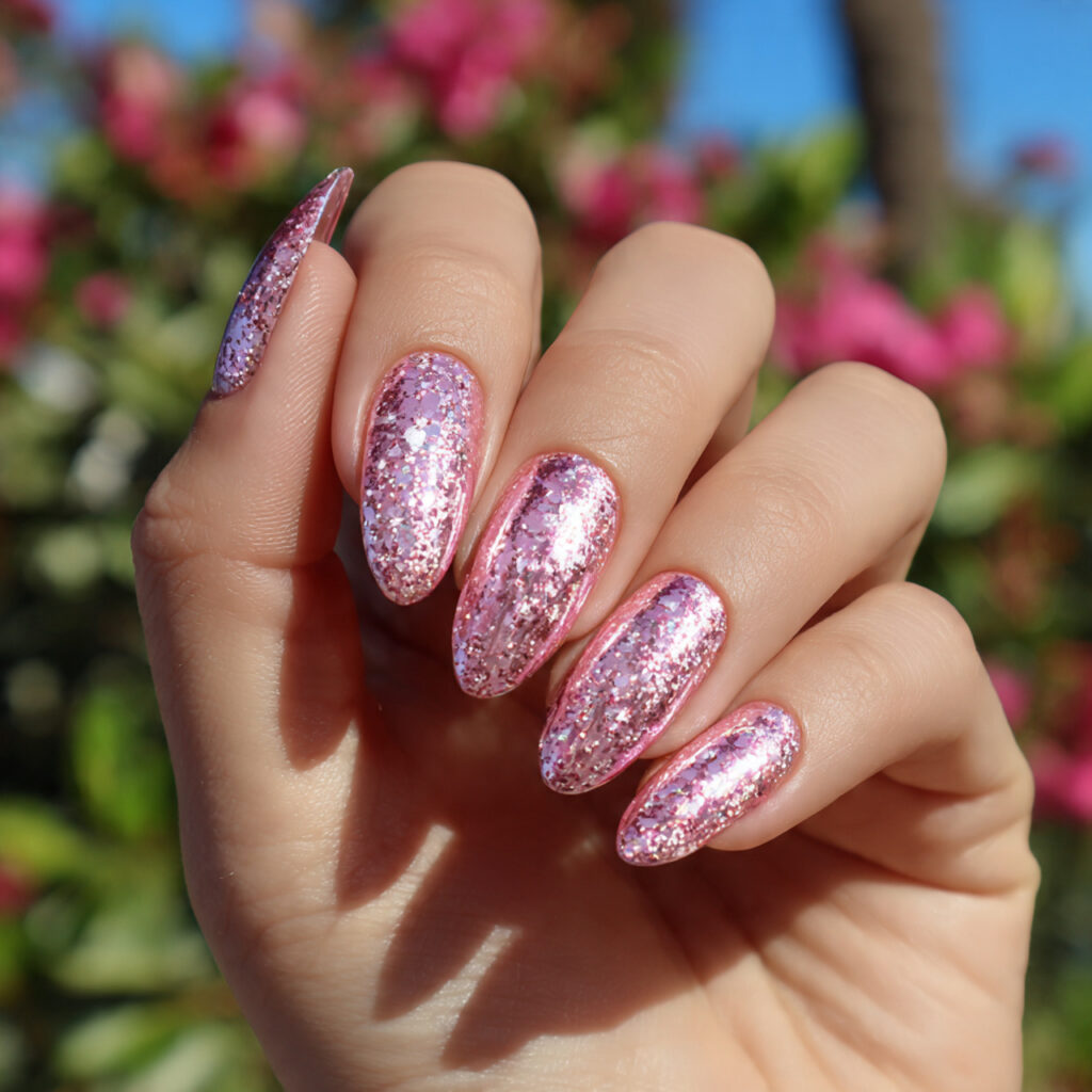 attractive pink chrome glitter nails with outdoor