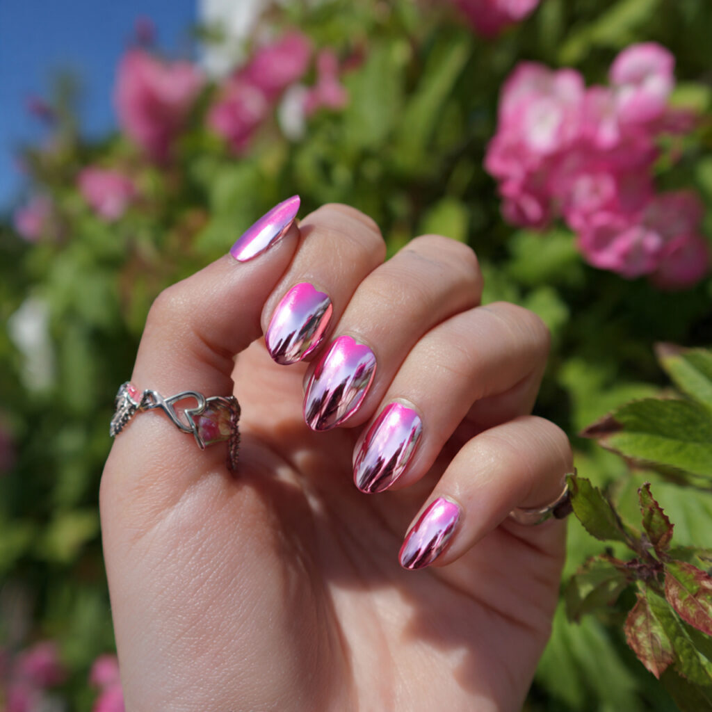 attractive pink chrome heart nails with outdoor su