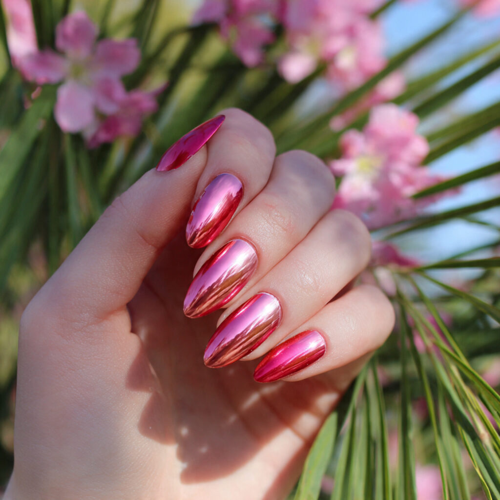 attractive pink chrome to red ombre almond nails w