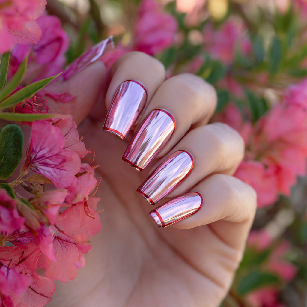 Pink and Red Nails: 15 Flirty, Bold & Pinterest-Perfect Designs You’ll Love 9 attractive pink chrome with red outline nails with
