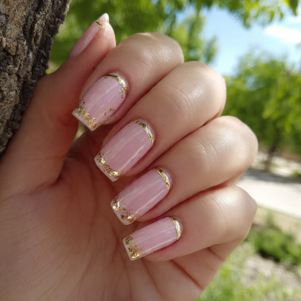 attractive pink french and gold outline nails with