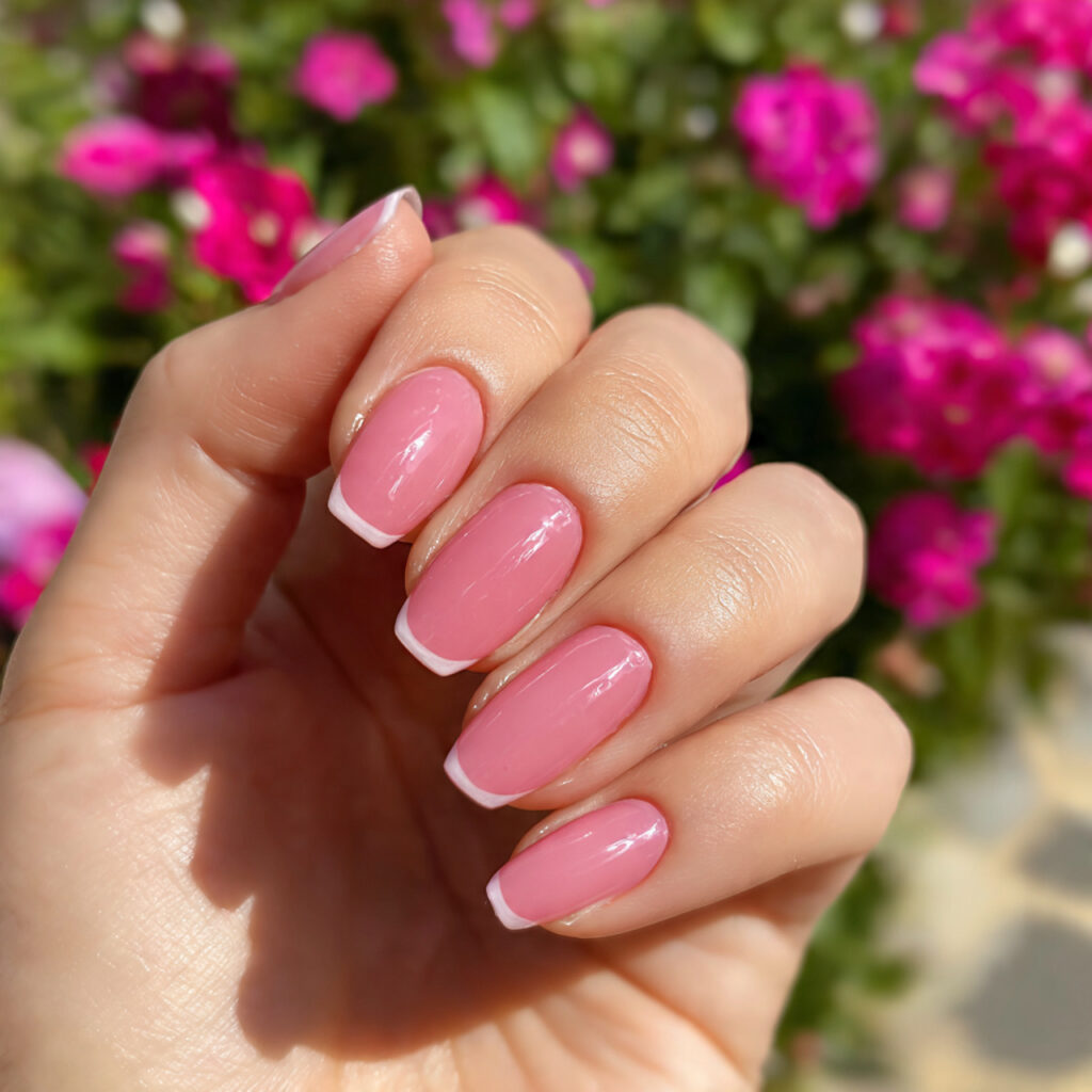 attractive pink french nails with outdoor backgrou