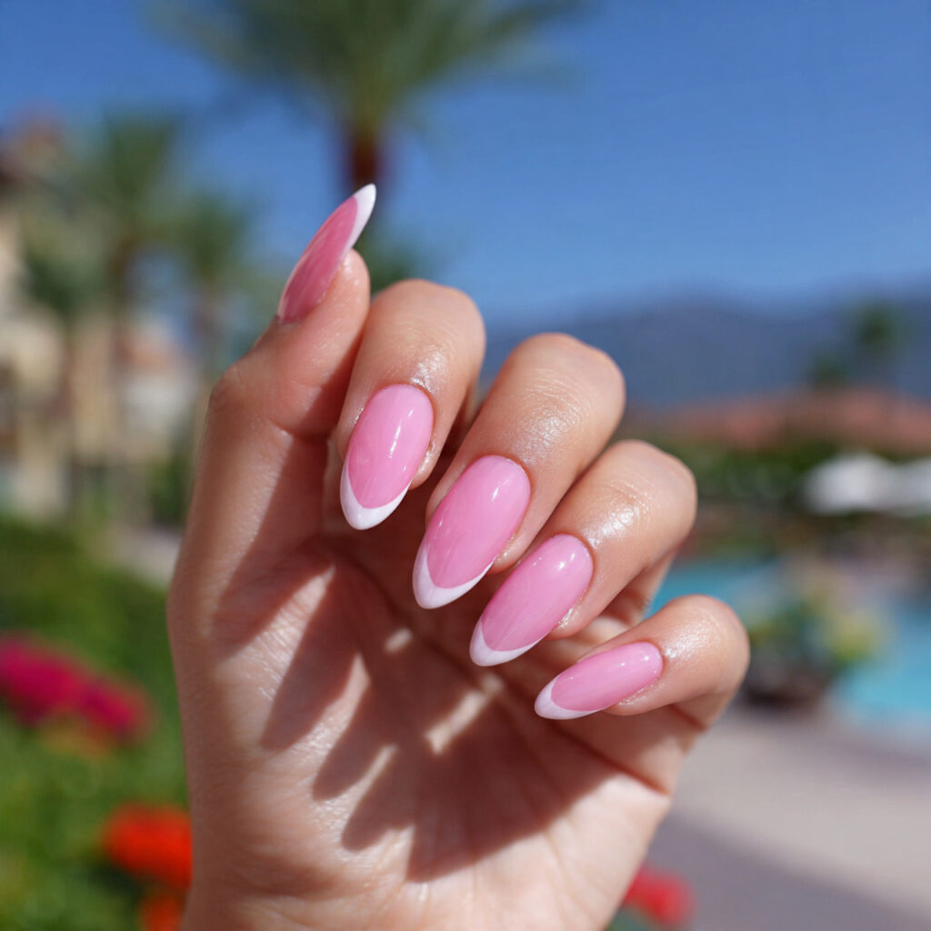 attractive pink french tip stiletto nails with out