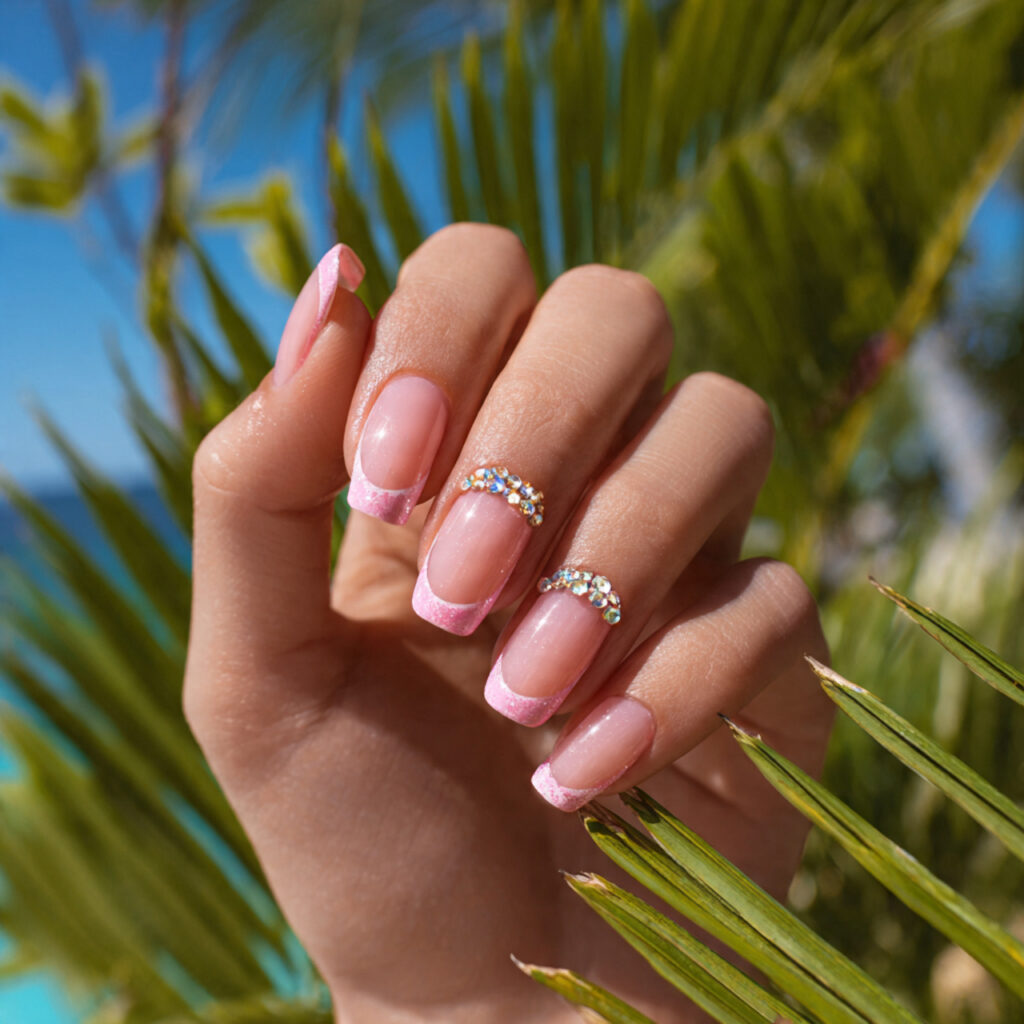 Nail Inspo Y2K: 14 Playful Y2K Nail Ideas That Feel So Cute and Nostalgic 3 attractive pink french tip with gems with outdoor