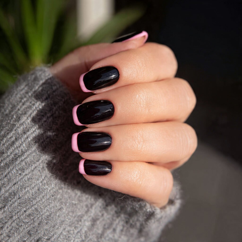 attractive pink french tips on black nails with ou