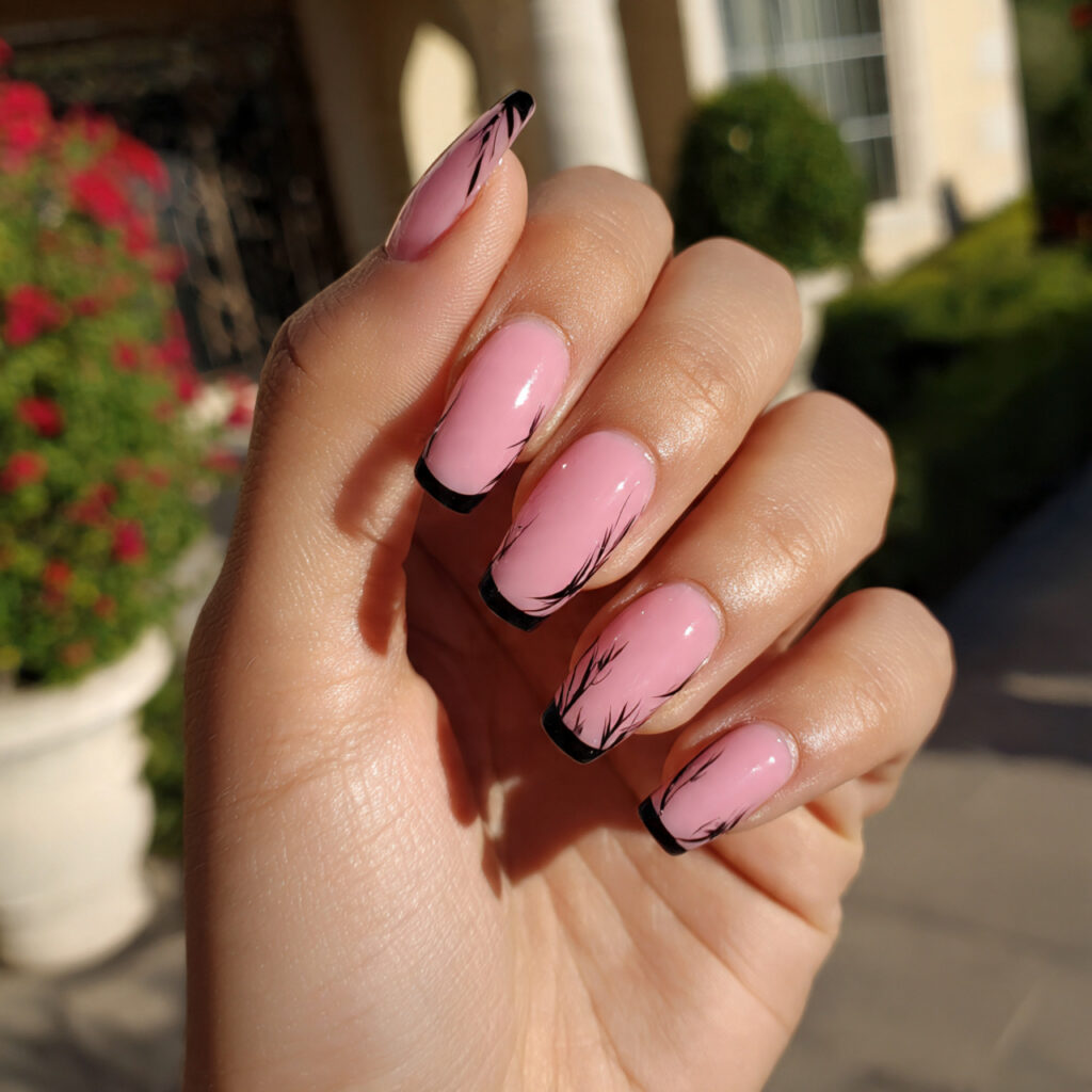 attractive pink french tips with black details wit