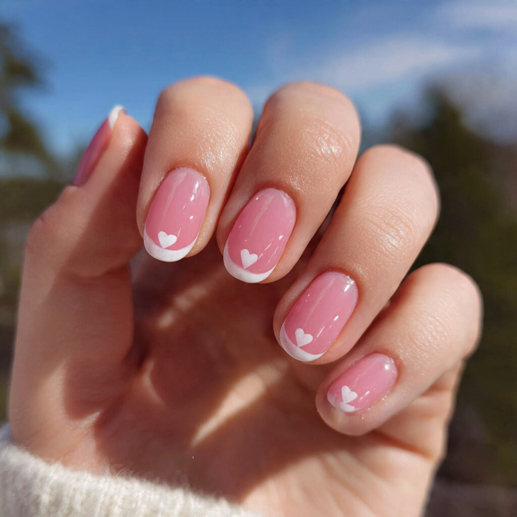 attractive pink french with tiny heart accent nail