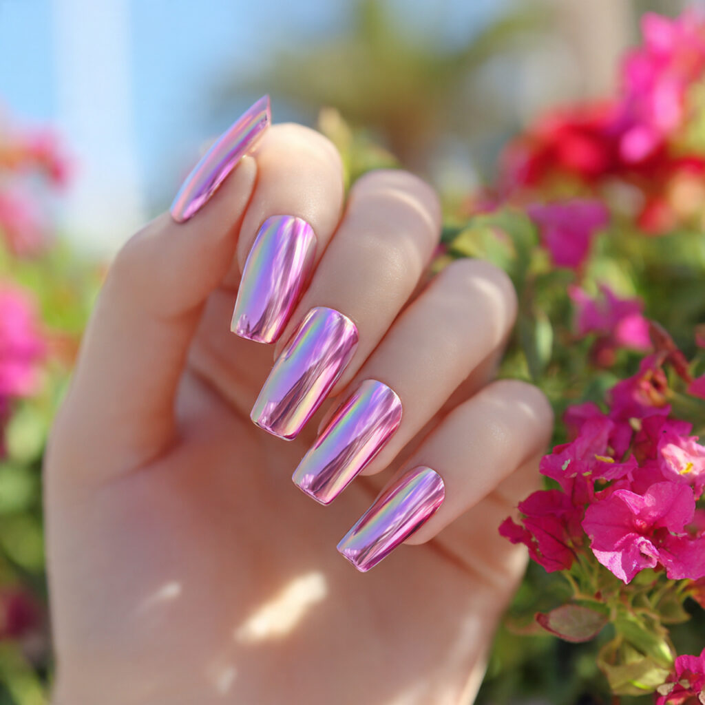 attractive pink glazed chrome nails with summer ou