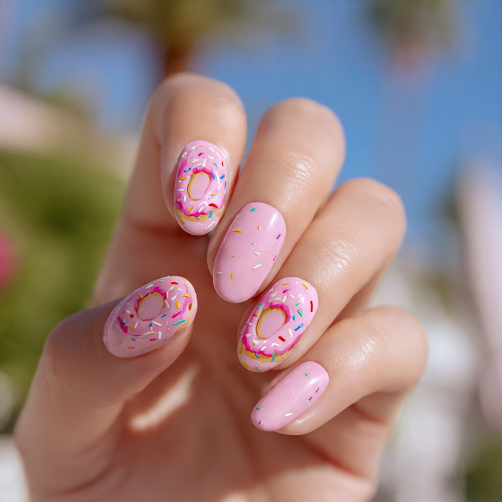 attractive pink glazed donut nails with outdoor su