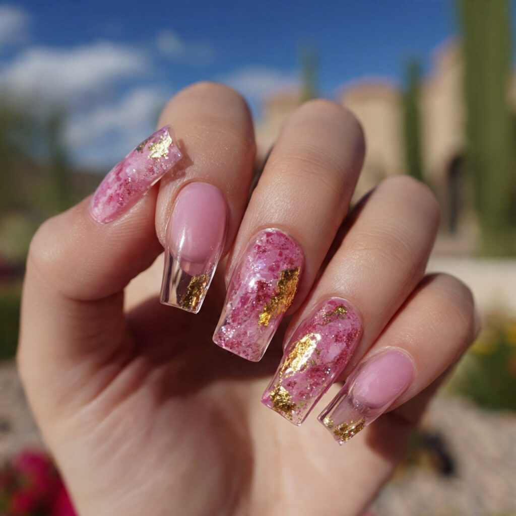 attractive pink glitter acrylic nails with foil ac