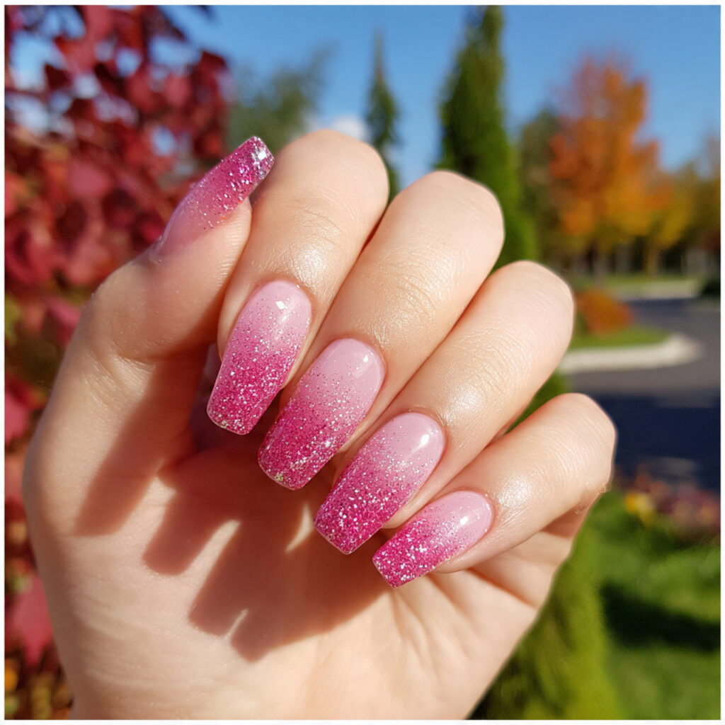 attractive pink glitter fade nails with outdoor ba