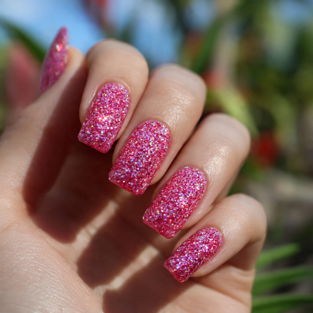 attractive pink glitter glaze nails with outdoor b