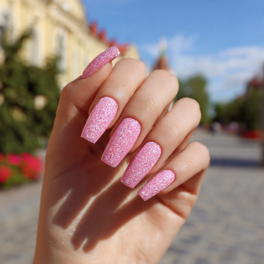attractive pink glitter glaze nails with outdoor s