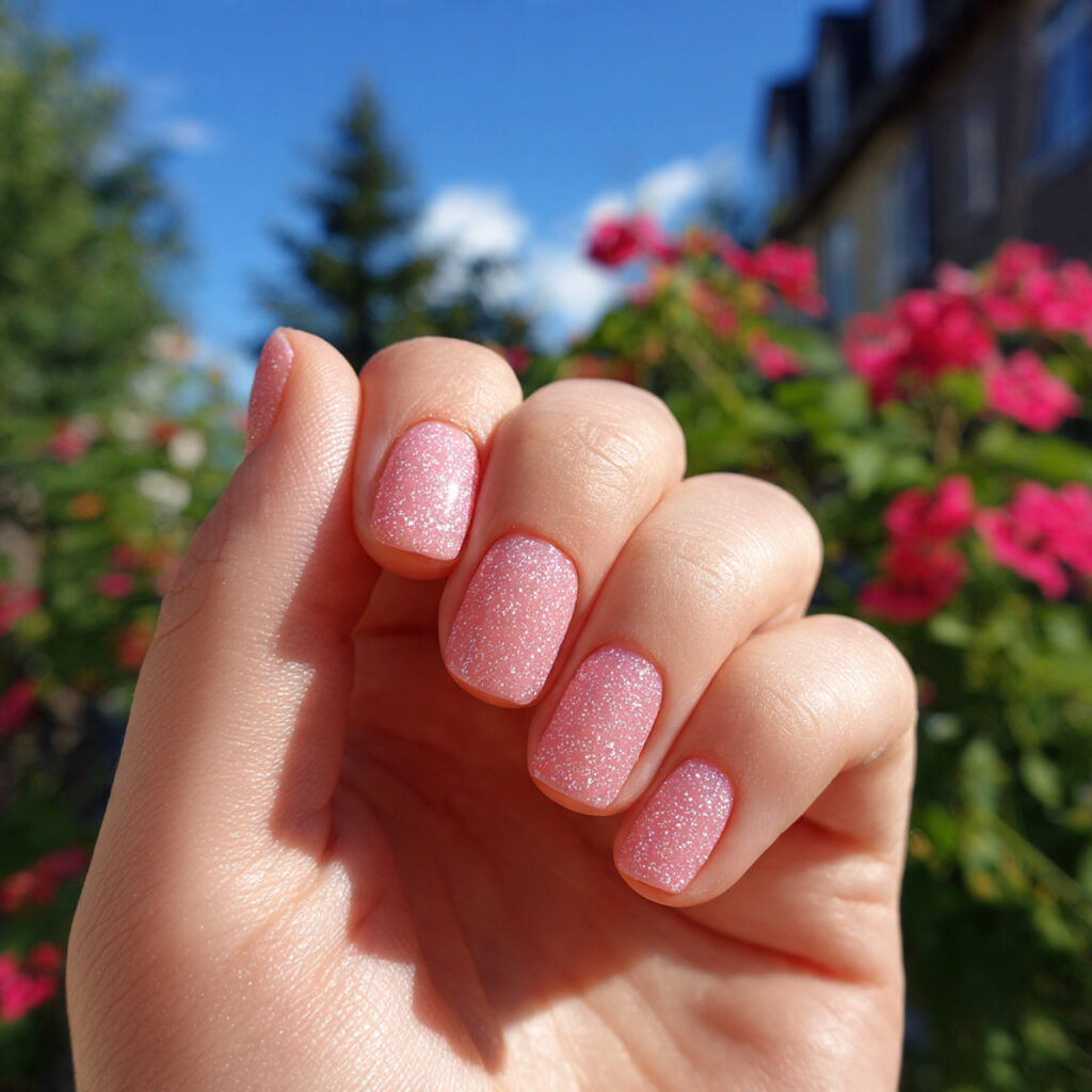 attractive pink glitter glaze short nails with out