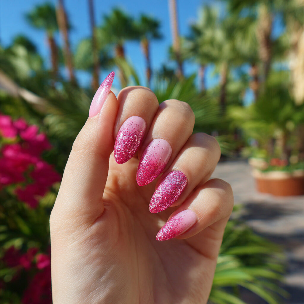 attractive pink glitter ombr nails with outdoor ba 1