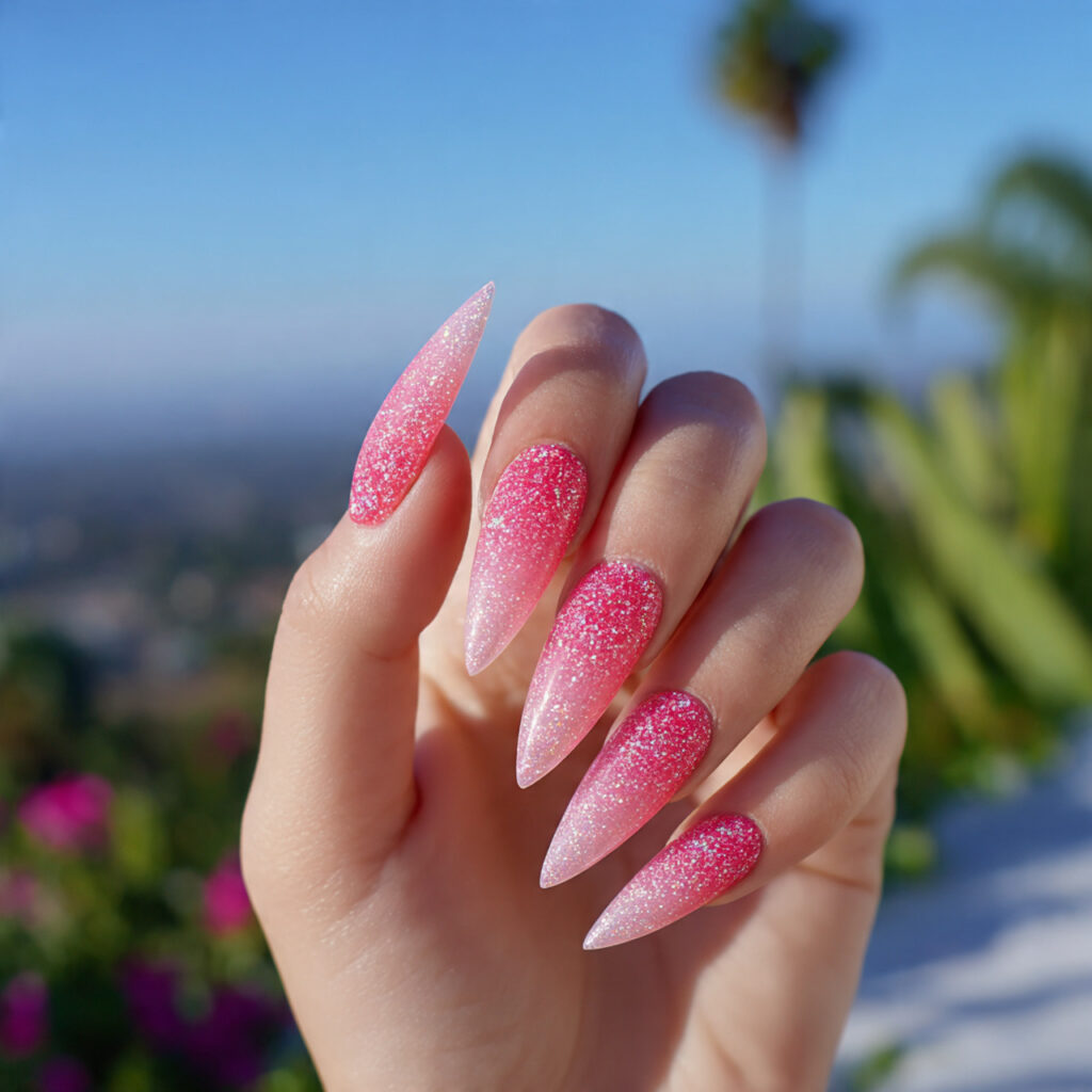 attractive pink glitter ombr stiletto nails with o