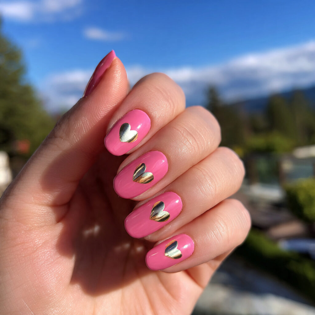 attractive pink heart and gold nails with outdoor