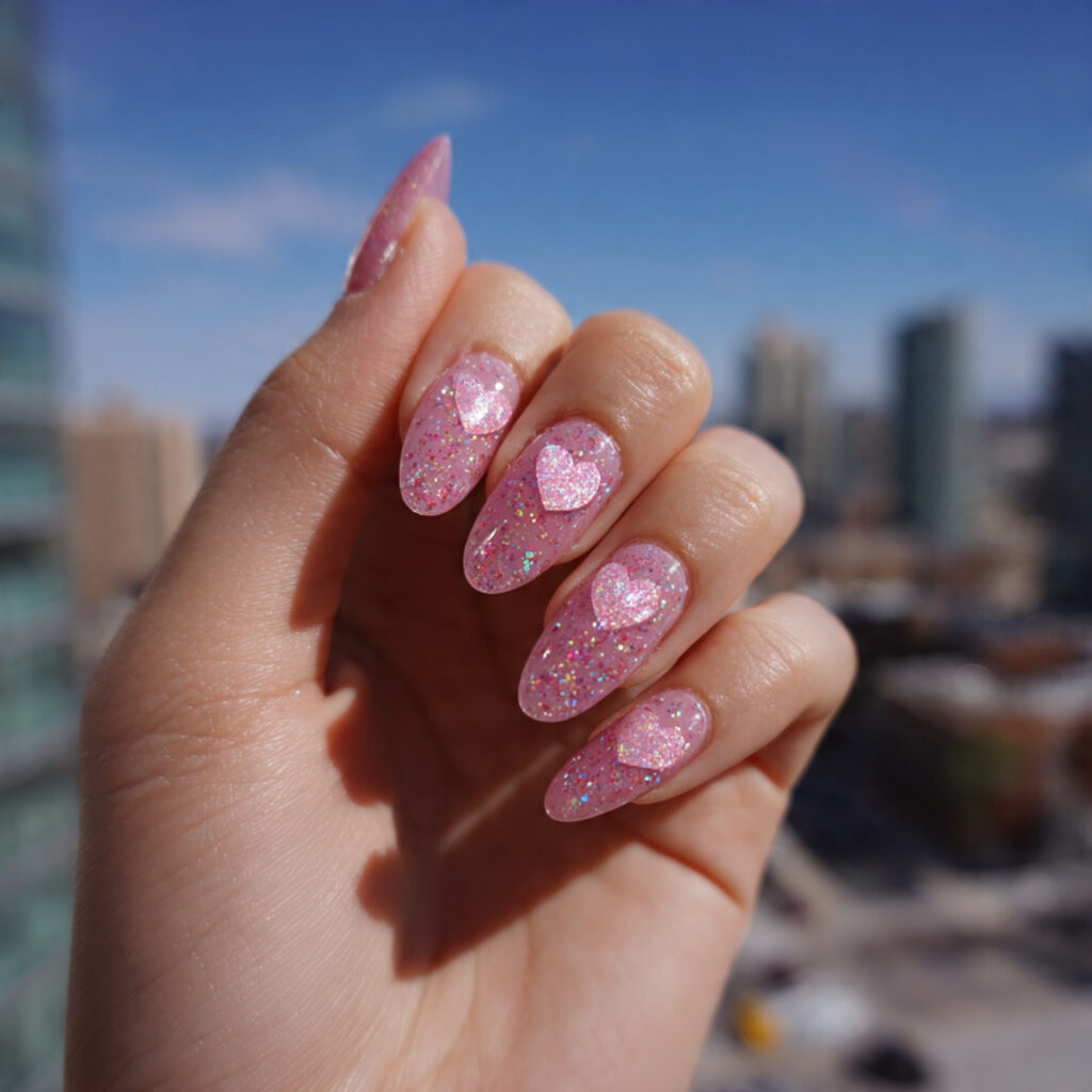 attractive pink heart glitter nailswith outdoor ba 1