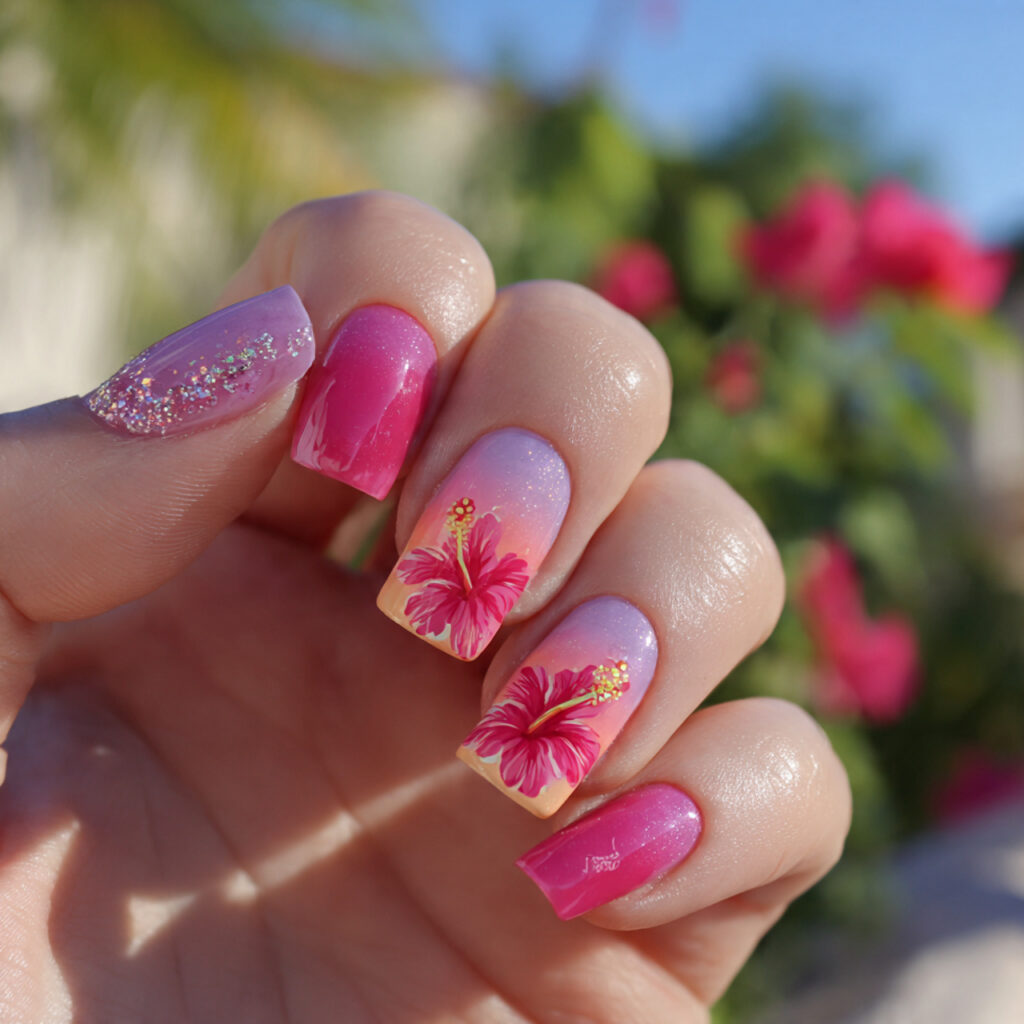attractive pink hibiscus sunset accent nail with o