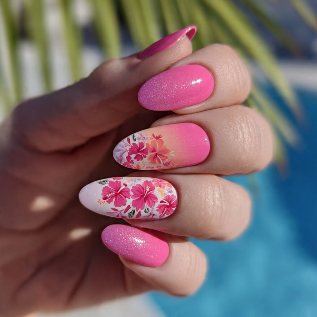 attractive pink hibiscus sunset ombre almondsnails