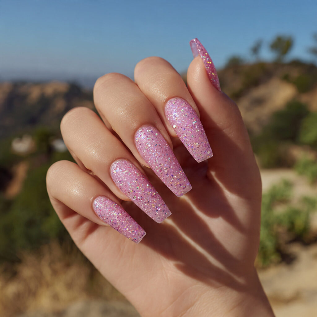 attractive pink lemonade shimmer nails with outdoo 1