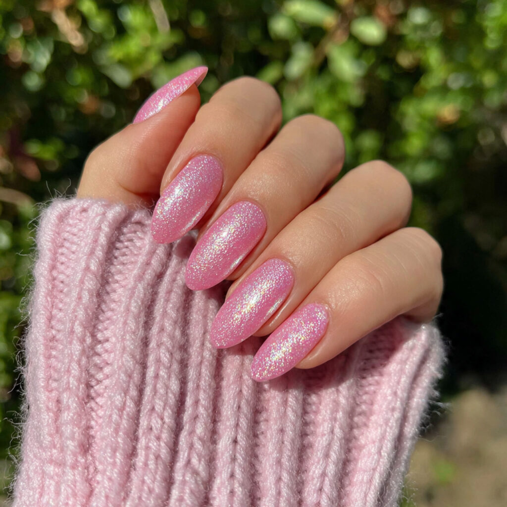attractive pink lemonade shimmer nails with outdoo
