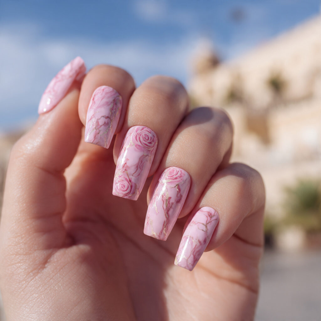 Nail Inspo Pink: 14 Dreamy Pink Nail Ideas You’ll Want to Save Immediately 13 attractive pink marble nails with rose swirls with