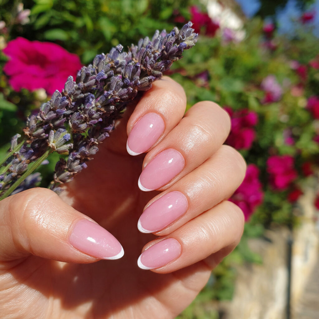 attractive pink micro french almond nails with out