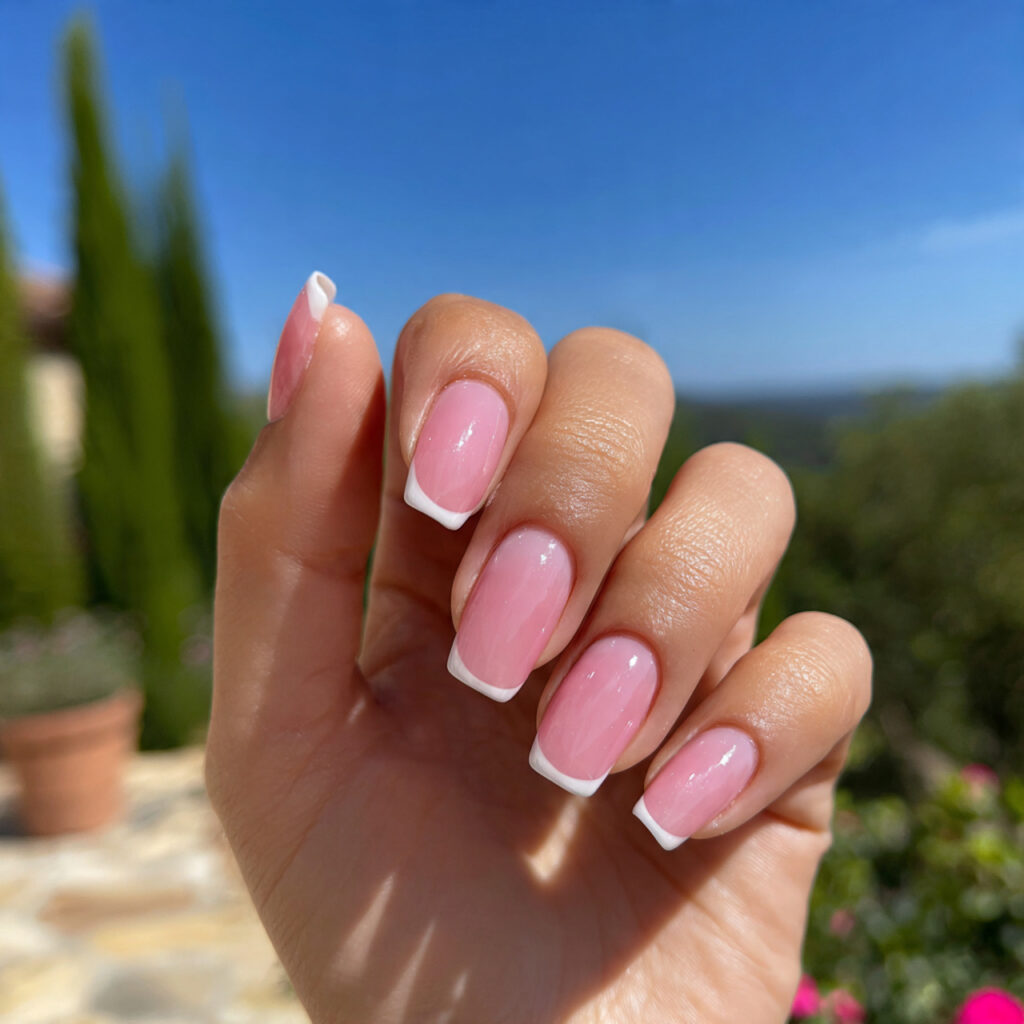 attractive pink micro french nails with outdoor ba 1