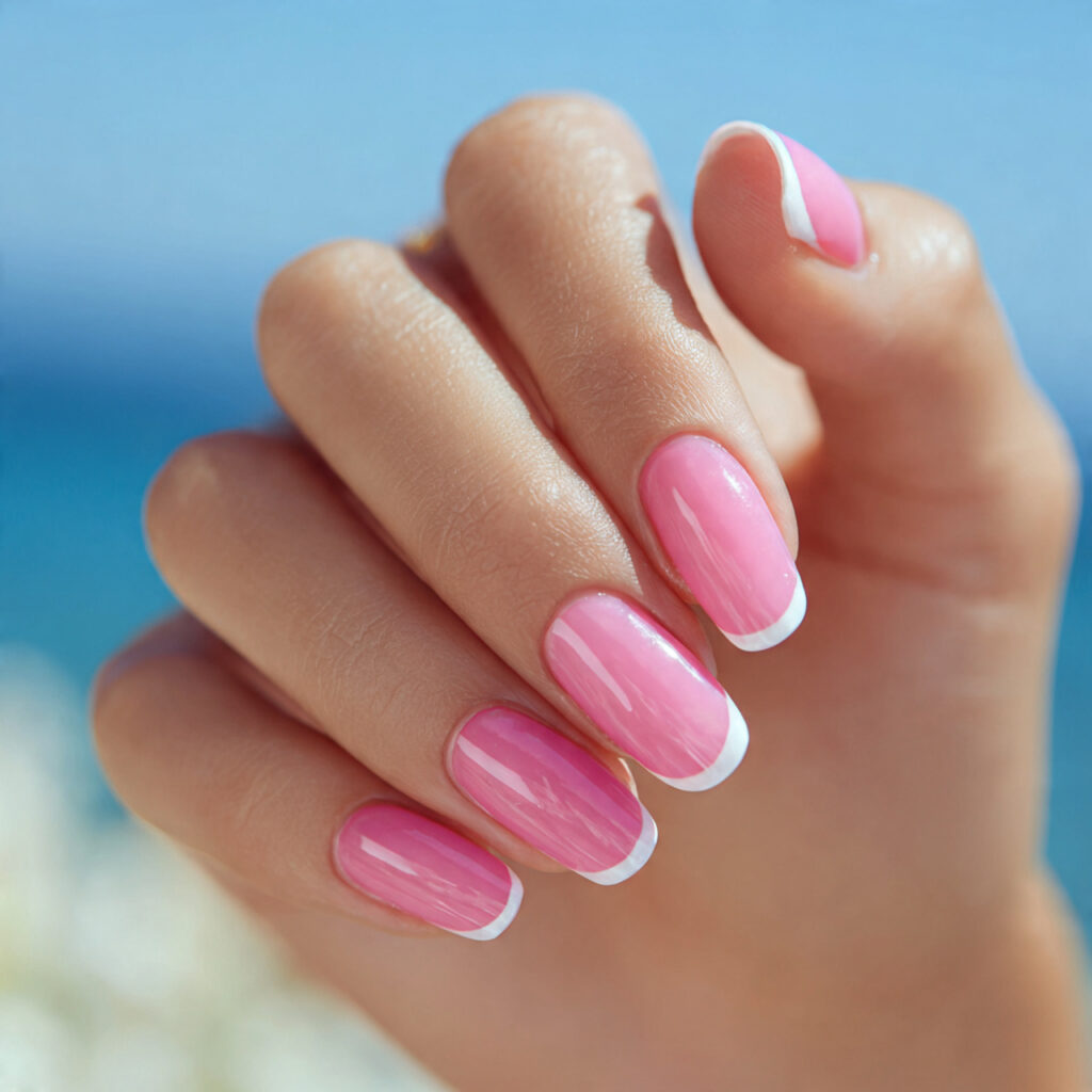 attractive pink micro french nails with outdoor su 1