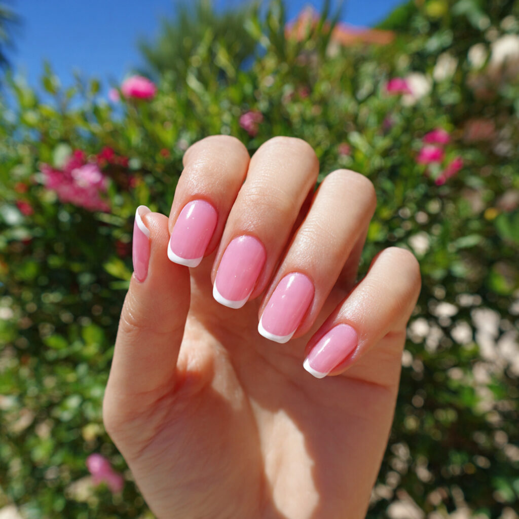 attractive pink micro french nails with outdoor su