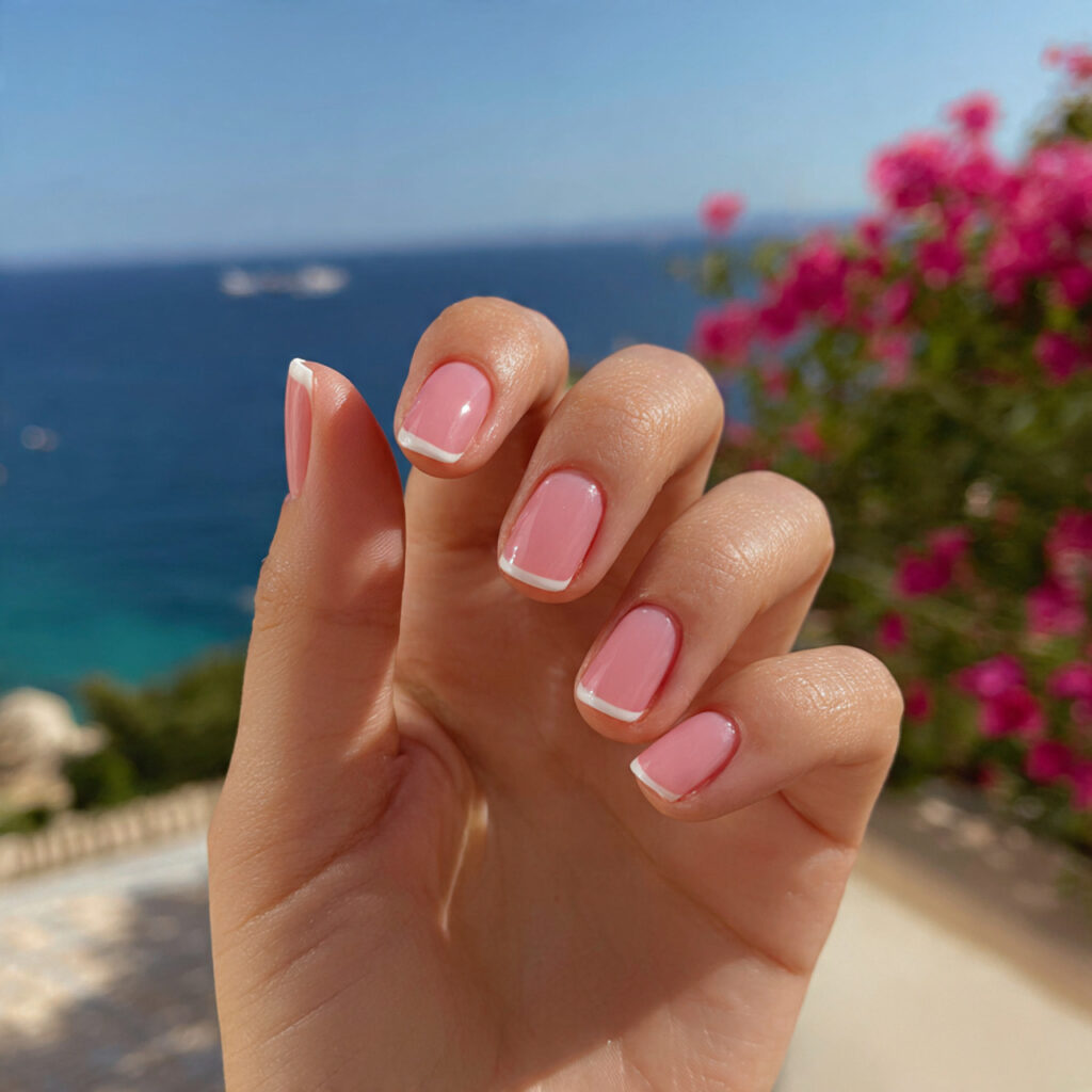 attractive pink micro french short nails with outd
