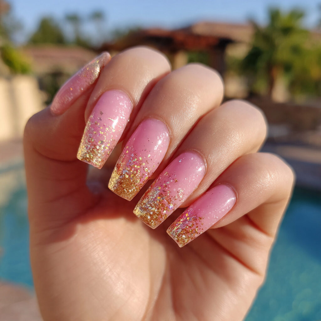attractive pink ombre and gold nails with outdoor