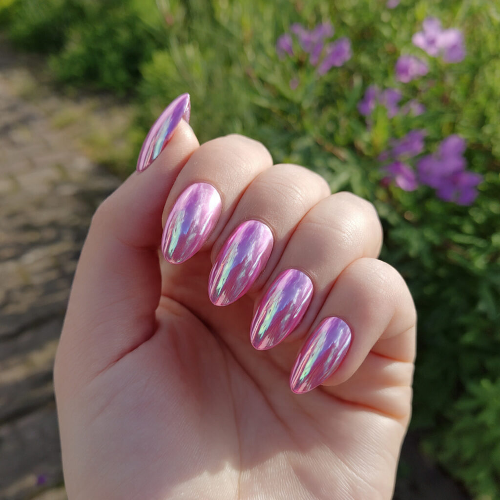 attractive pink pearl chrome nails with outdoor ba