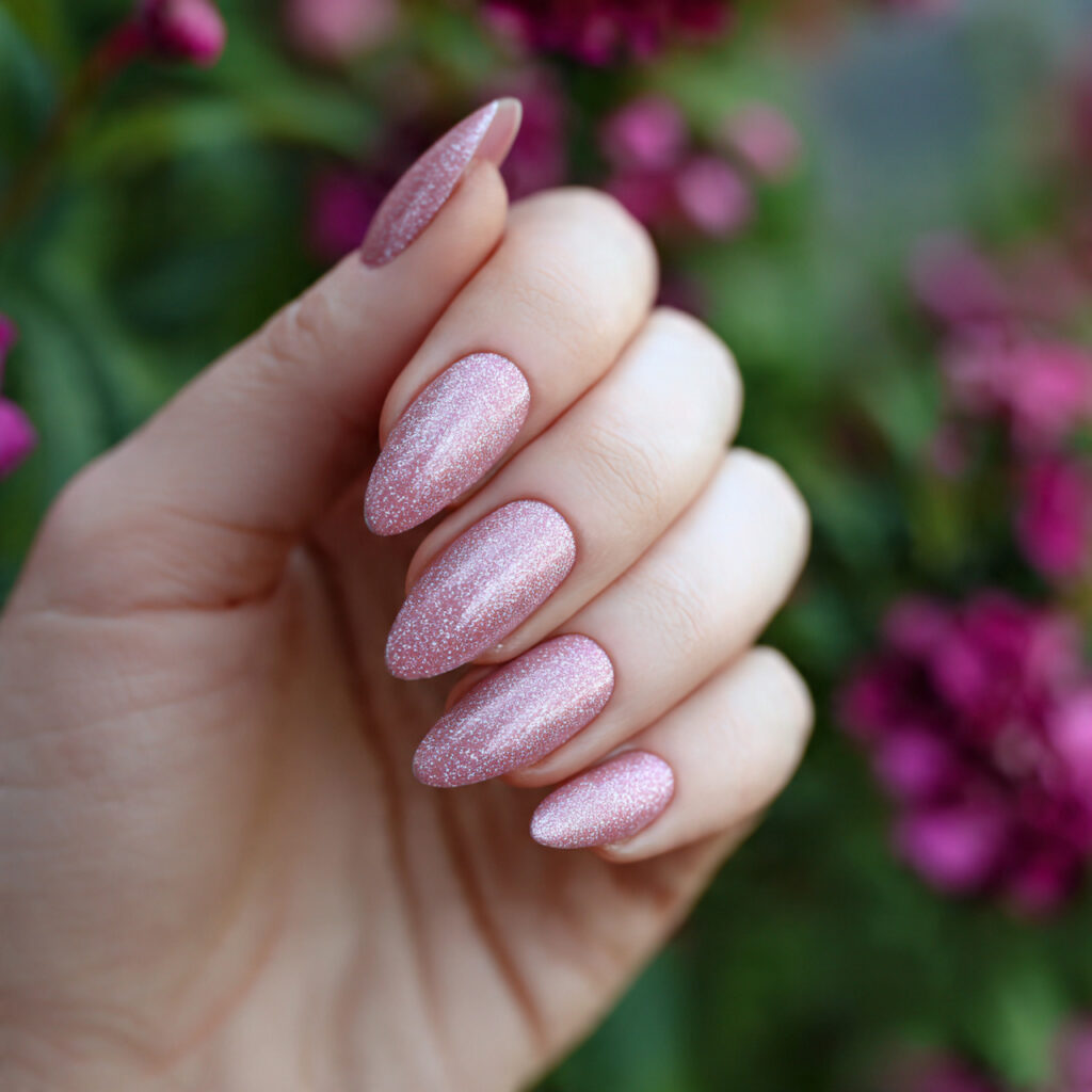 attractive pink shimmer almond nailswith outdoor s