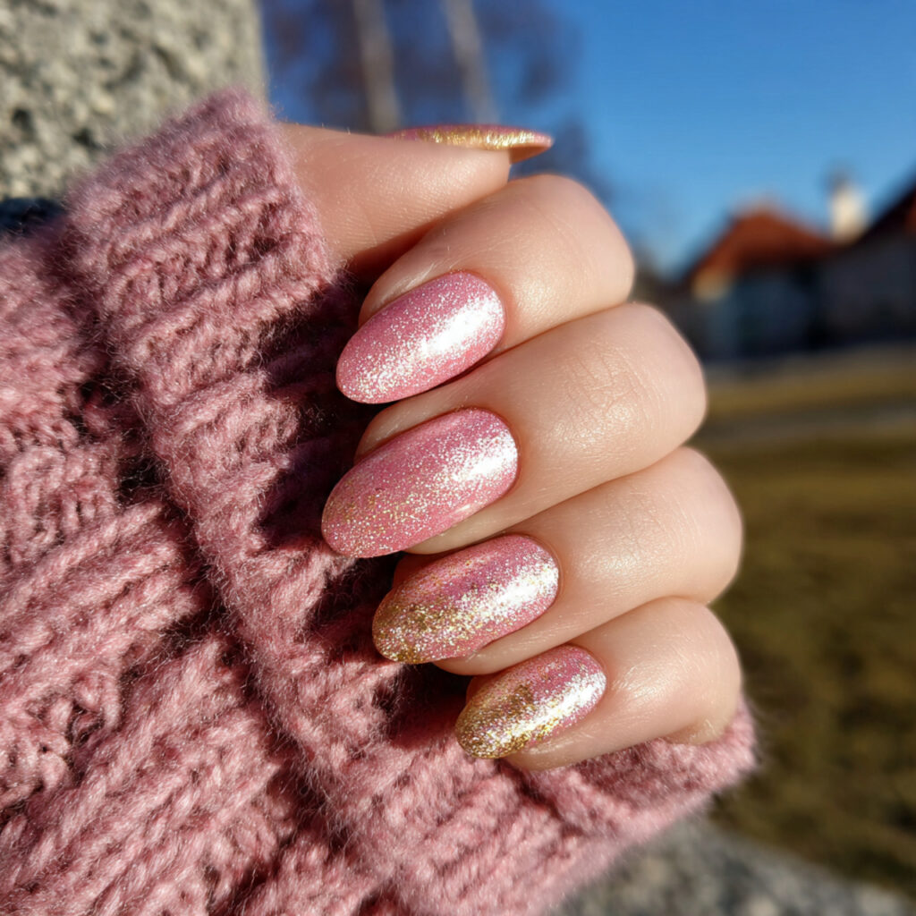 attractive pink shimmer and gold nails with outdoo