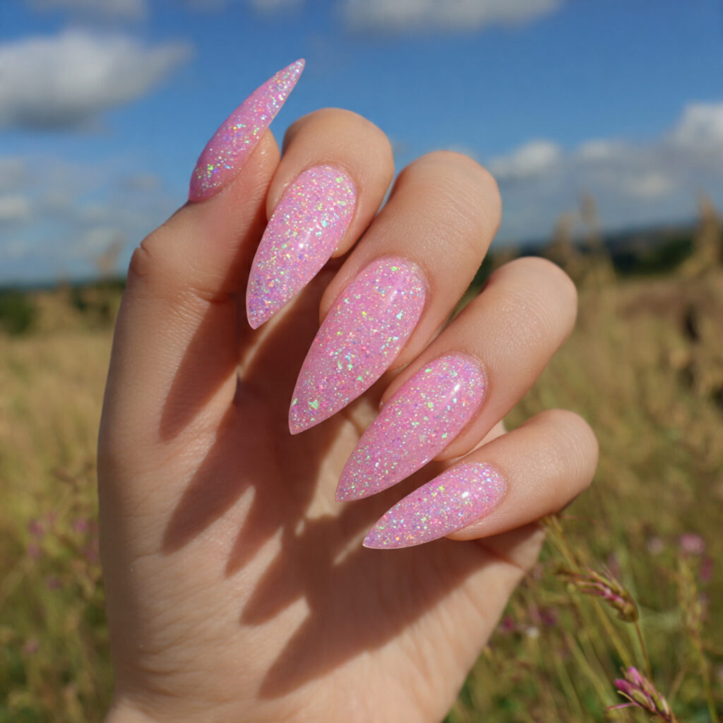 attractive pink shimmer stiletto nails with outdoo