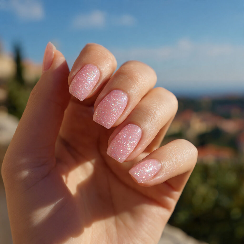 attractive pink sparkle fairy dusttopcoat nails wi