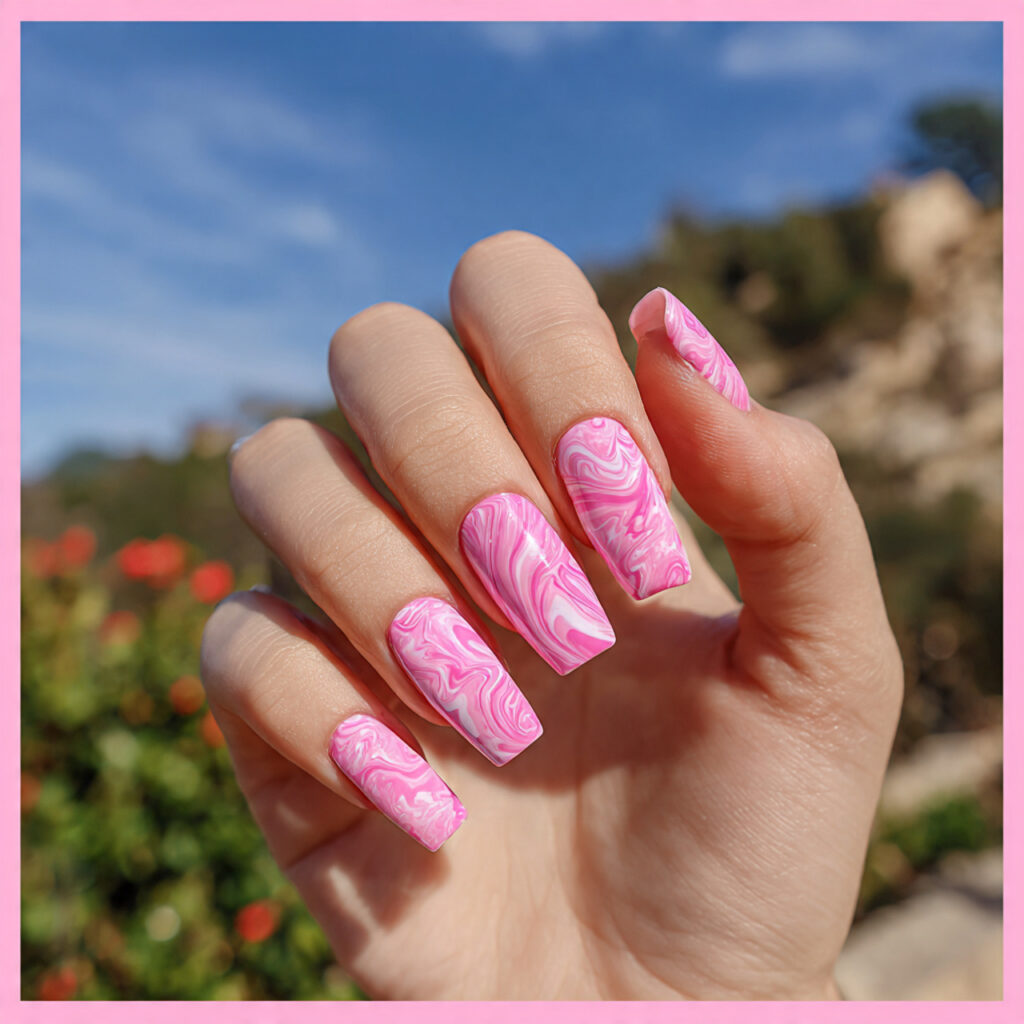 attractive pink swirl acrylic nails with outdoor b
