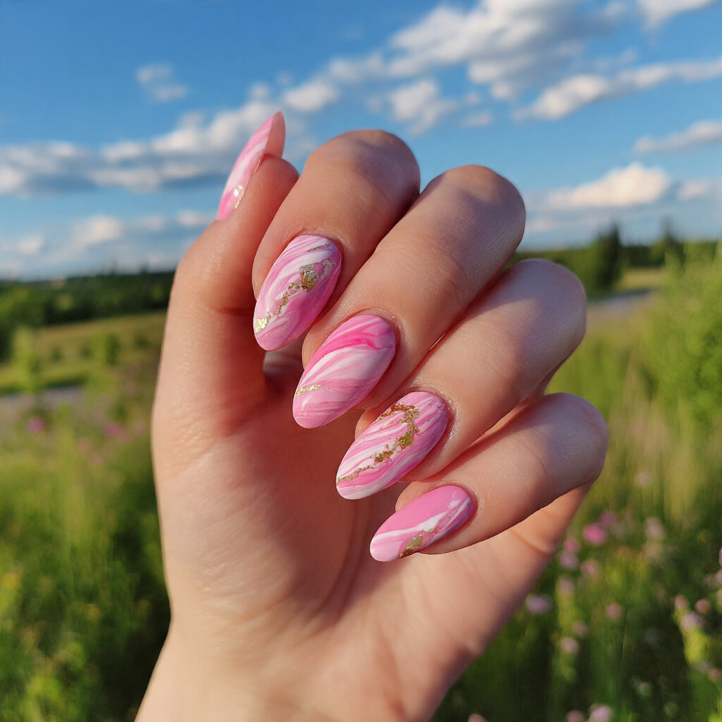 attractive pink swirl almond nails with outdoor su